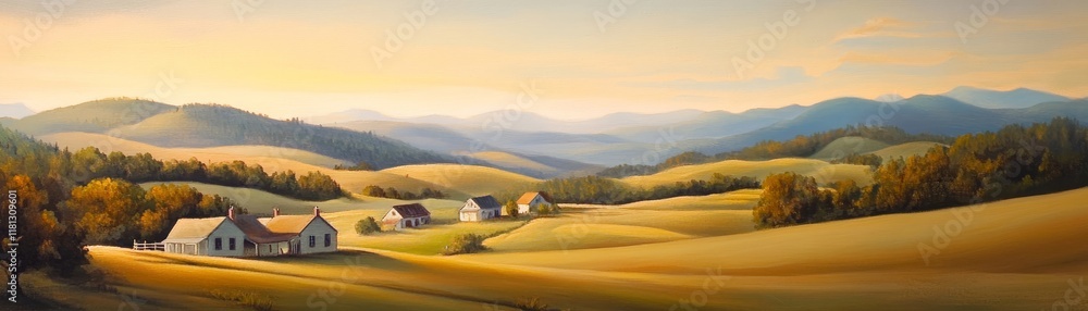 Serene Sunrise Over Rolling Hills with Cozy Farmhouses in Landscape Serene Sunrise Over Rolling Hills with Cozy Farmhouses in Landscape