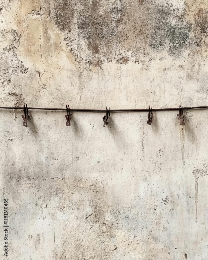A weathered wall with a wire and several rusty clips hanging. A weathered wall with a wire and several rusty clips hanging.
