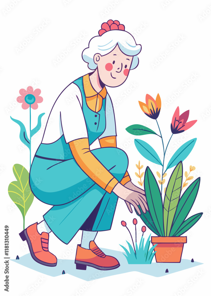 Line Art Of Happy elderly white woman in gardening attire planting flowers. Senior female character engaged in outdoor gardening work. Isolated vector illustration.
Line Art Of Happy elderly white woman in gardening attire planting flowers. Senior female character engaged in outdoor gardening work. Isolated vector illustration.