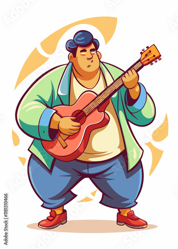 ギターを弾き、音楽を通して喜びを表現する幸せそうなプラスサイズの日本人男性。カジュアルな服装でアコースティックギターをかき鳴らす太りすぎのミュージシャン。孤立したキャラクター、ベクターイラスト
