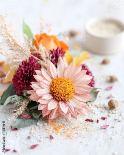 Autumnal Floral Arrangement with Grains Spices on White Wood