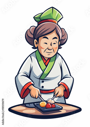 おいしい巻き寿司を作る日本人女性の寿司職人。シェフの制服を着たプロの料理専門家、隔離されたベクターイラスト。
