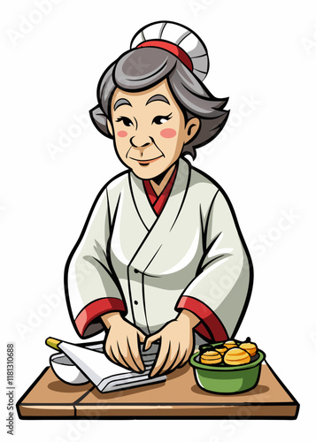 おいしい巻き寿司を作る日本人女性の寿司職人。シェフの制服を着たプロの料理専門家、隔離されたベクターイラスト。