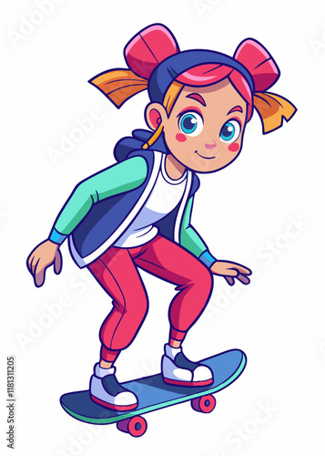 Niña con coletas andando en patineta al aire libre. Niño patinador feliz haciendo equilibrio sobre patineta, disfrutando de una actividad al aire libre, ilustración vectorial aislada.