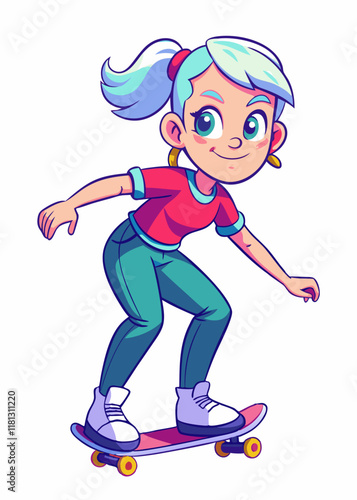 Niña con coletas andando en patineta al aire libre. Niño patinador feliz haciendo equilibrio sobre patineta, disfrutando de una actividad al aire libre, ilustración vectorial aislada.