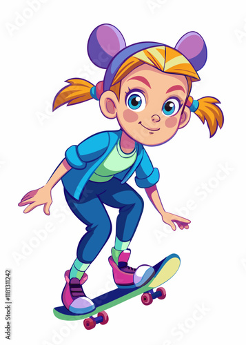 Niña con coletas andando en patineta al aire libre. Niño patinador feliz haciendo equilibrio sobre patineta, disfrutando de una actividad al aire libre, ilustración vectorial aislada.