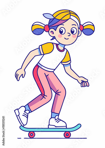 Arte lineal minimalista de niña con coletas haciendo skate, ilustración vectorial de personaje aislado simple.