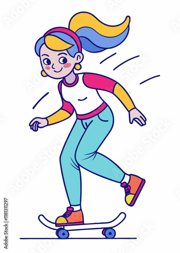 Arte lineal minimalista de niña con coletas haciendo skate, ilustración vectorial de personaje aislado simple.