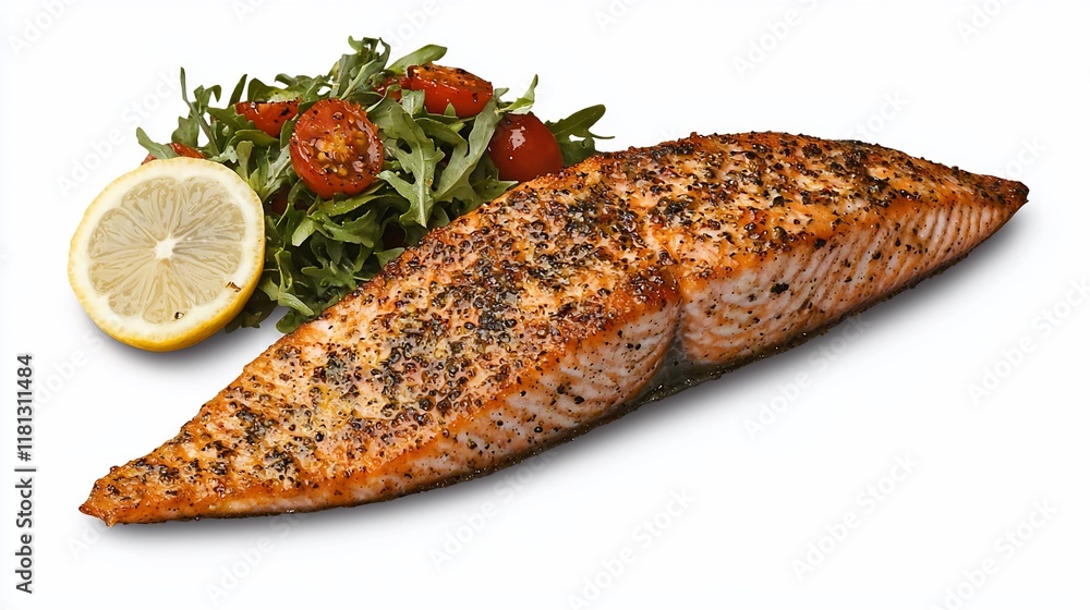 Grilled salmon fillet with lemon and arugula salad. Grilled salmon fillet with lemon and arugula salad.