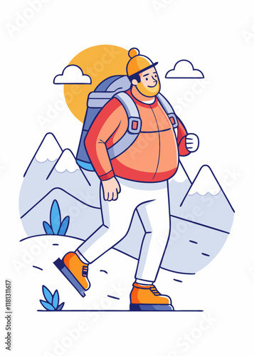 Minimalist Line Art Of Plus-sized white man hiking up a steep mountain trail, wearing outdoor gear and carrying a backpack