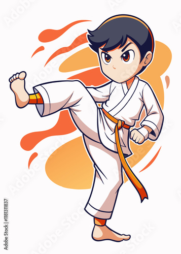 伝統的な武道のユニフォームを着て空手のキックを練習する若い日本の少年