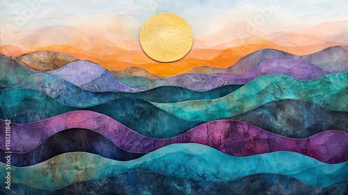 Layered Mountain Sunset Landscape Art