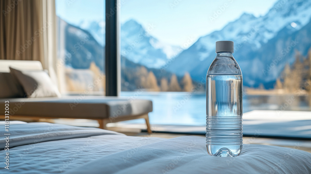 Premium spring water bottle with a sleek label, placed in a luxurious hotel suite with a view of mountains and natural scenery Premium spring water bottle with a sleek label, placed in a luxurious hotel suite with a view of mountains and natural scenery