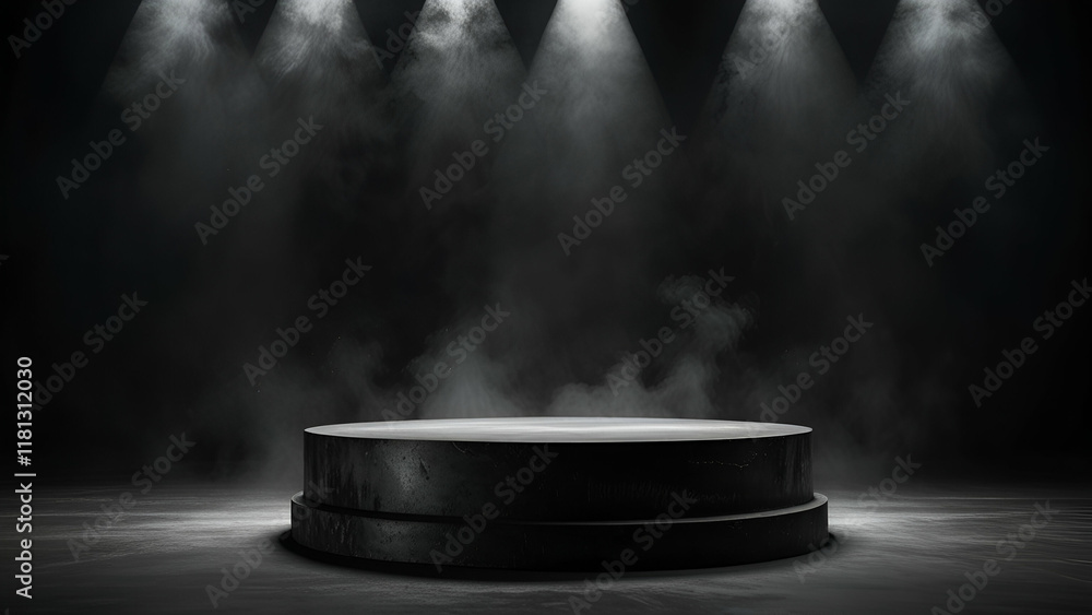 Podium Black Rock with Dark Smoke Background Sleek Modern Product Shot for Sophisticated Appeal Podium Black Rock with Dark Smoke Background Sleek Modern Product Shot for Sophisticated Appeal
