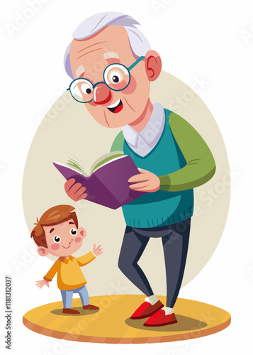 Grandfather reading to grandchildren, elderly man in warm sweater sharing stories. Happy senior with kids, family love, generational connection