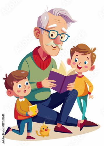 Grandfather reading to grandchildren, elderly man in warm sweater sharing stories. Happy senior with kids, family love, generational connection