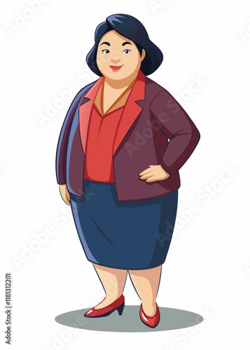 スーツを着たプラスサイズの日本人ビジネスウーマンが自信を持って立っています。フォーマルなビジネス服を着たプロフェッショナルなアジア人女性の孤立したキャラクター、ベクターイラスト。