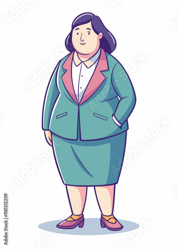 スーツを着たプラスサイズの日本人ビジネスウーマンが自信を持って立っています。フォーマルなビジネス服を着たプロフェッショナルなアジア人女性の孤立したキャラクター、ベクターイラスト。