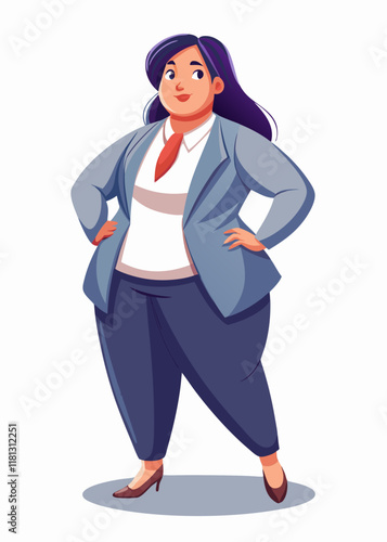 スーツを着たプラスサイズの日本人ビジネスウーマンが自信を持って立っています。フォーマルなビジネス服を着たプロフェッショナルなアジア人女性の孤立したキャラクター、ベクターイラスト。
