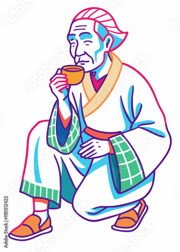 伝統的な着物を着てお茶を飲む年配の日本人男性のミニマリスト線画。静かな雰囲気の中で抹茶を楽しむアジア系の年配の紳士、隔離されたベクターイラスト。