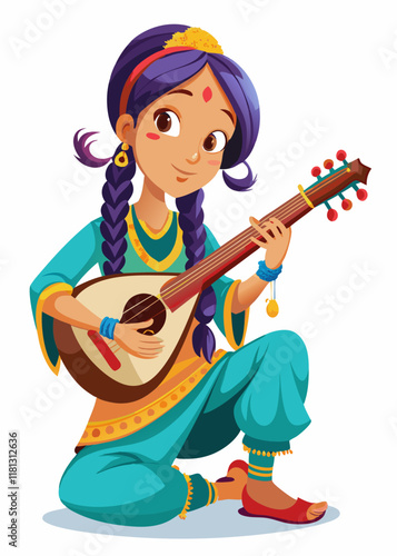 Teenage Indian girl with braided hair playing sitar, isolated character. 