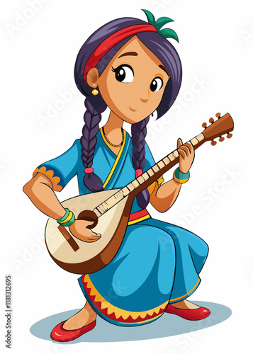 Teenage Indian girl with braided hair playing sitar, isolated character. 