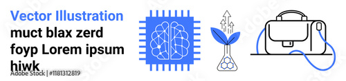 Circuit brain, plant test tube, and bag with cord. Ideal for technology, AI, innovation, sustainability, education, research, bioengineering themes Landing page
