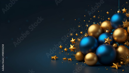 Festive Christmas Scene Golden and Silver Baubles with Stars on a Elegant Blue Background