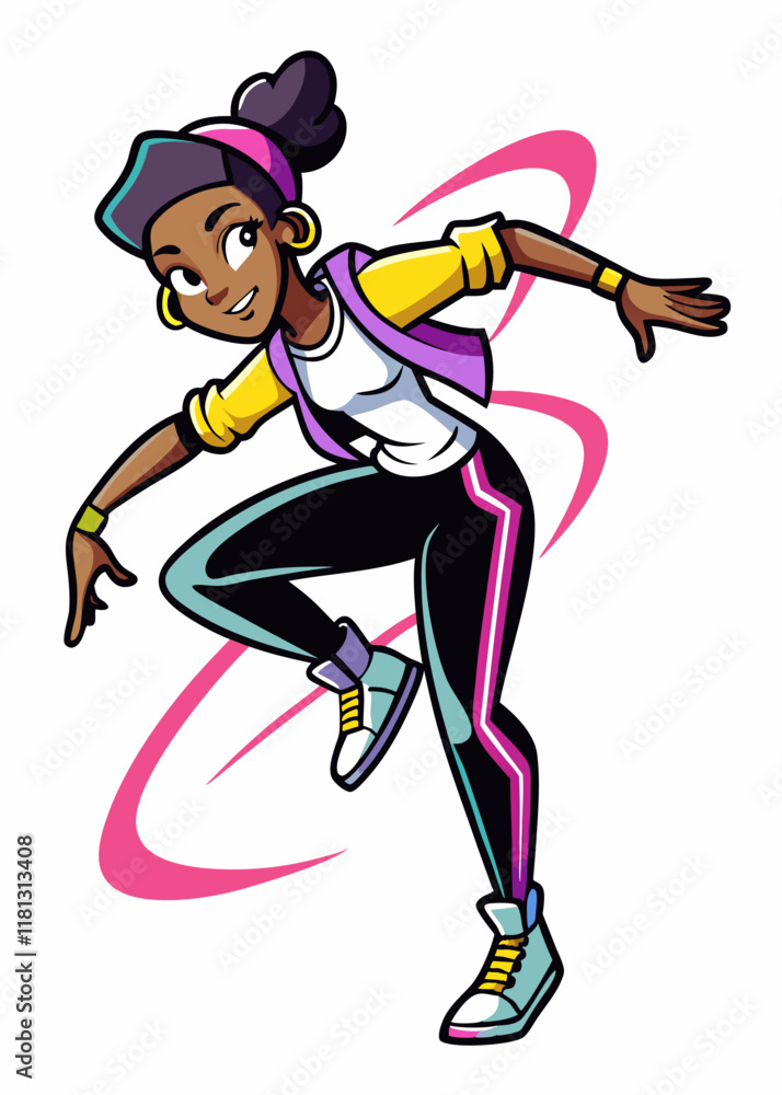 Energetic Black teenage girl practicing hip-hop dance moves in stylish outfit. Young dancer perfecting choreography, showcasing rhythm and urban dance skills.
