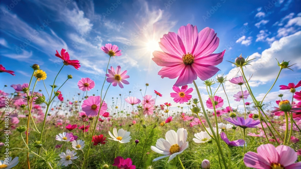 Vast expanse of delicate cosmos flowers swaying gently in the breeze, their petals shimmering like a kaleidoscope of colors against a serene blue sky , beautiful flowers, sunny meadow Vast expanse of delicate cosmos flowers swaying gently in the breeze, their petals shimmering like a kaleidoscope of colors against a serene blue sky , beautiful flowers, sunny meadow
