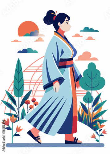 浴衣を着て静かな庭園を歩くプラスサイズの日本人女性のミニマリスト線画。エレガントな着物を着た伝統的なアジアの女性キャラクター、隔離されたベクターイラスト。
