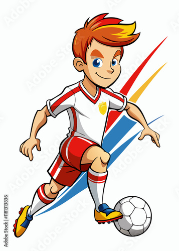 Teenage white boy in soccer uniform kicking a ball. Young football player striking the ball in action pose, isolated vector illustration.
