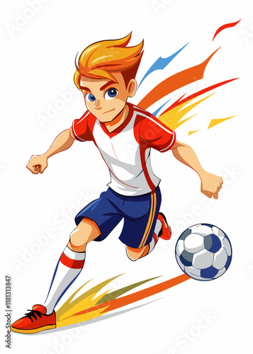 Teenage white boy in soccer uniform kicking a ball. Young football player striking the ball in action pose, isolated vector illustration.
