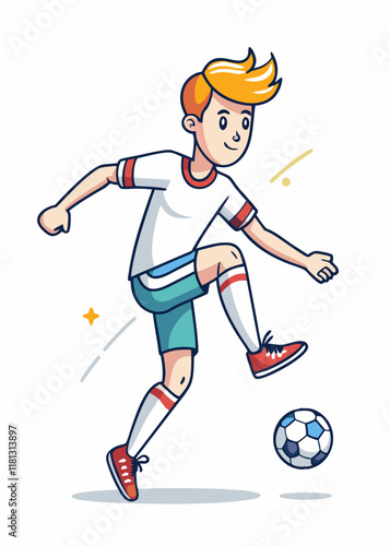 Teenage white boy in soccer uniform kicking a ball. Young football player striking the ball in action pose, isolated vector illustration.
