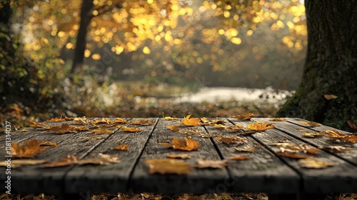 A serene autumn landscape featuring vibrant golden leaves and a rustic wooden table in the foreground, creating a perfect setting for peaceful moments in nature.