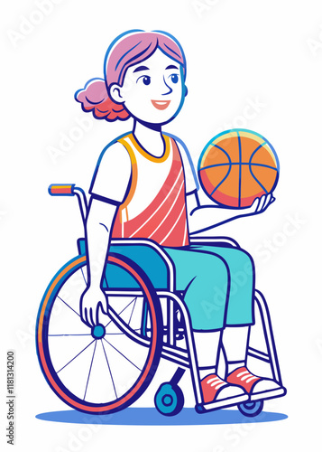 Minimalist Line Art Of Young girl in wheelchair playing basketball, disabled athlete enjoying sports, inclusive sports illustration, active lifestyle for disabled youth.