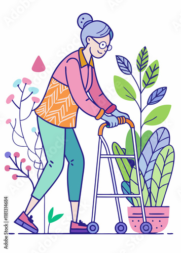 Minimalist Line Art Of Senior woman with walker tending to flowers, enjoying gardening.