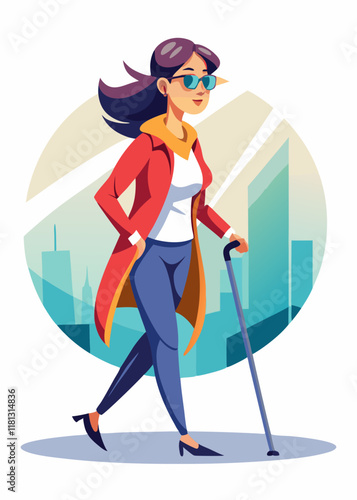 Blind woman walking with cane on city sidewalk. Visually impaired female character navigating road independently, isolated vector illustration.