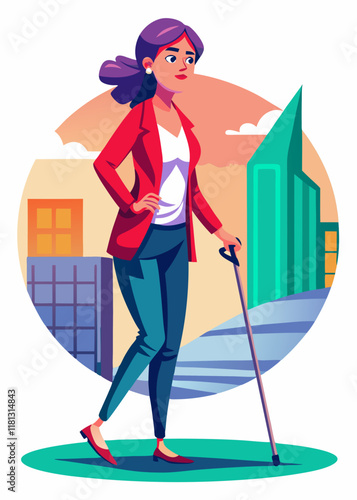 Blind woman walking with cane on city sidewalk. Visually impaired female character navigating road independently, isolated vector illustration.
