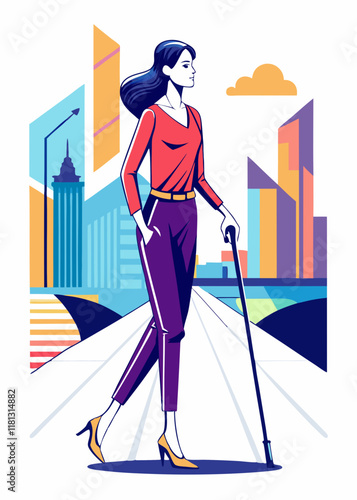 Minimalist Line Art Of Blind woman walking with cane on city sidewalk. Visually impaired female character navigating road independently, isolated vector illustration.