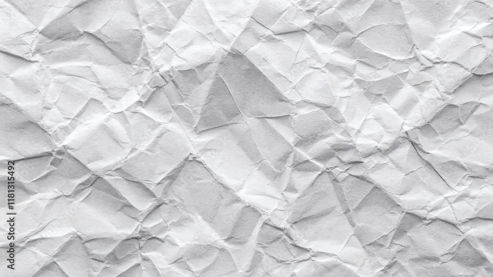Fototapeta premium Design a textured background featuring a white paper surface that has been crumpled and glued in places. The wrinkles should be prominent, with slight discoloration around the glued areas to highlight