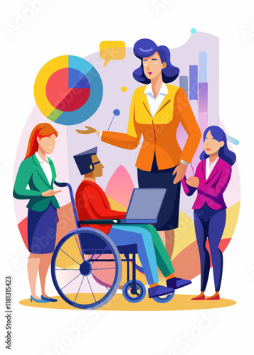 Confident businesswoman in a wheelchair attending a professional meeting. Disabled female entrepreneur participating in corporate discussion, isolated vector illustration.
