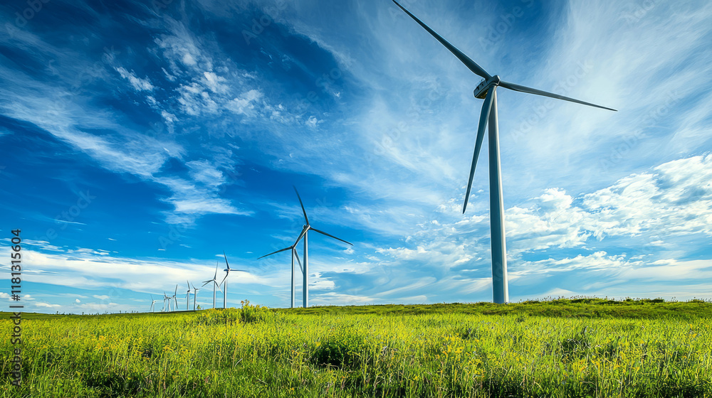 Obraz premium Wind turbines in a green field under a clear blue sky