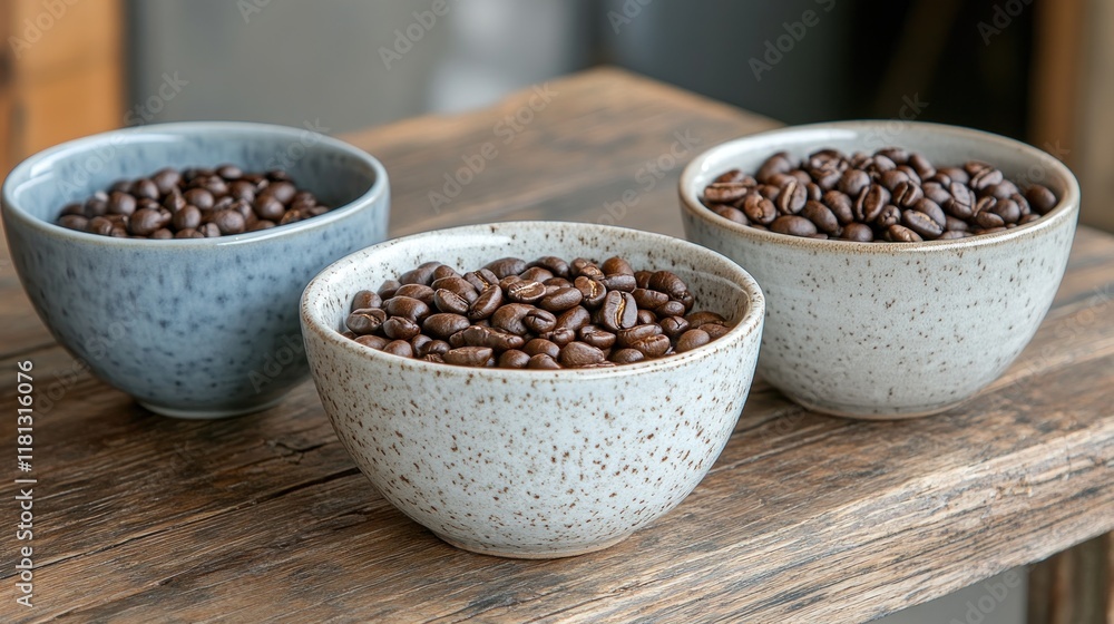 Selection of light, medium, and dark roasted coffee beans displayed in small ceramic bowls on a textured wooden table Selection of light, medium, and dark roasted coffee beans displayed in small ceramic bowls on a textured wooden table