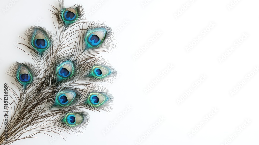 Obraz premium A collection of peacock feathers arranged artistically on a white background.