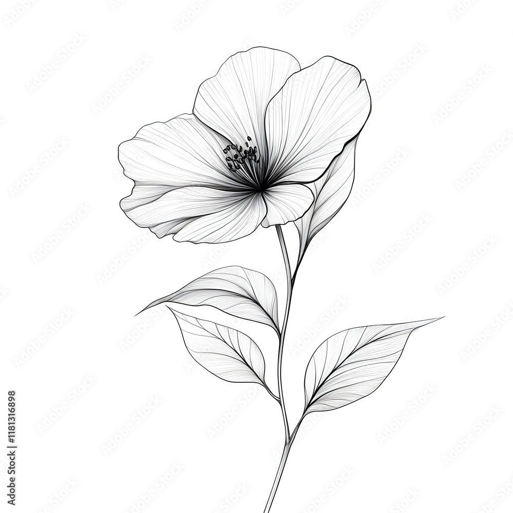 Fototapeta premium A single line sketch of a flower in bloom with delicate petals on white. -