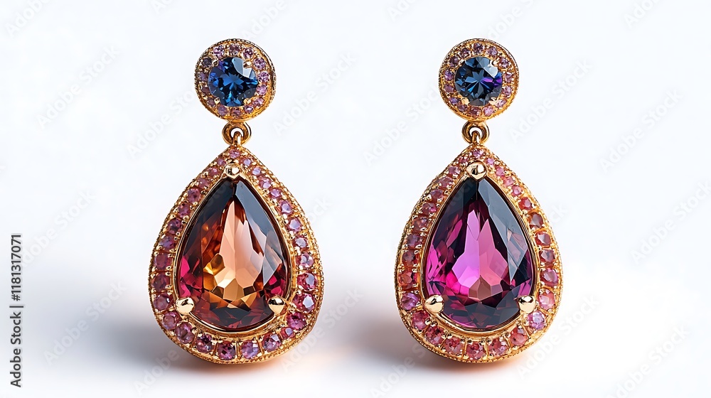 Pair of drop earrings with gemstones isolated on a plain white background highlighting their intricate detailing and sparkling finish Pair of drop earrings with gemstones isolated on a plain white background highlighting their intricate detailing and sparkling finish