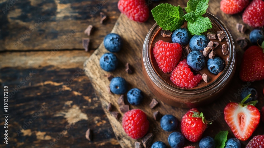 Smooth avocado chocolate mousse in a glass jar, topped with fresh berries and cacao nibs on a rustic wooden table Smooth avocado chocolate mousse in a glass jar, topped with fresh berries and cacao nibs on a rustic wooden table