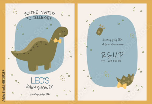 Baby invitation card printable design for birthday party with cute tiger dinosaur. Funny dino boy flat illustration. Vector baby invite design.