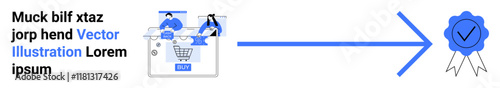 Business team pointing at online store interface showing product reviews and cart, arrow pointing to a verified quality badge. Ideal for e-commerce, quality assurance, customer satisfaction, online